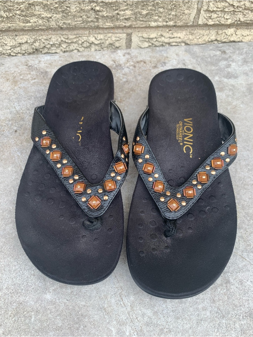 Vionic Floriana Beaded Sandal Women 8 Slipper Flip Flop Thong brown